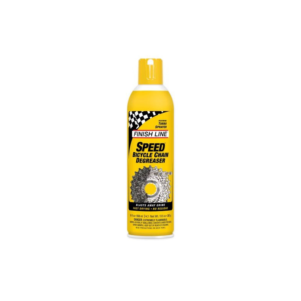 Finish Line Speed Bicycle Chain Degreaser 18oz aerosol can in yellow