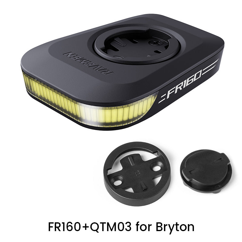 Ravemen FR160 black bike headlight with yellow LED strip and mounting accessories