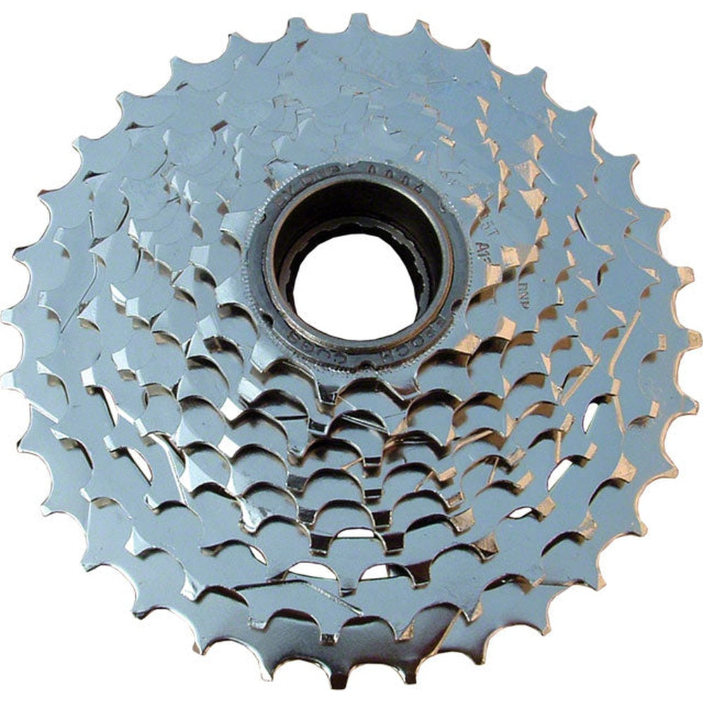 DNP Epoch 9-speed bicycle freewheel cassette with graduated gear teeth on white background