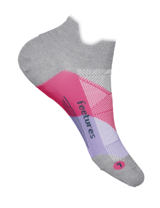 Feetures Elite Max Cushion Tab sock in gray with pink and lavender gradient