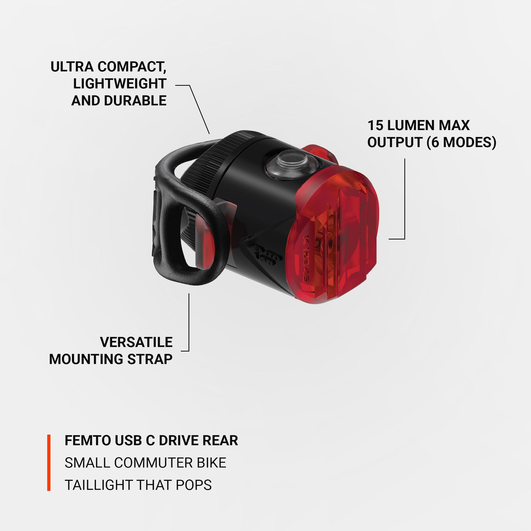 Lezyne FEMTO USB C rear bike light with red lens and black body