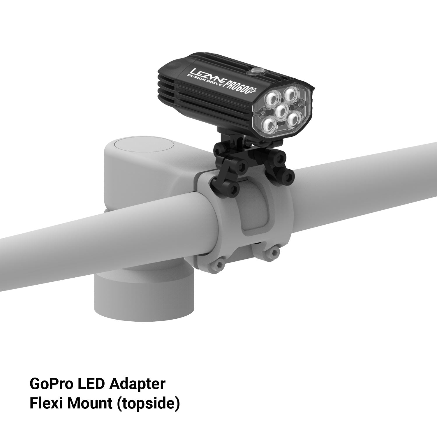 Black Lezyne Pro 800 bike light mounted on handlebars with GoPro adapter