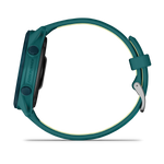 Garmin Forerunner 170 Music smartwatch in teal green with citron band, side view