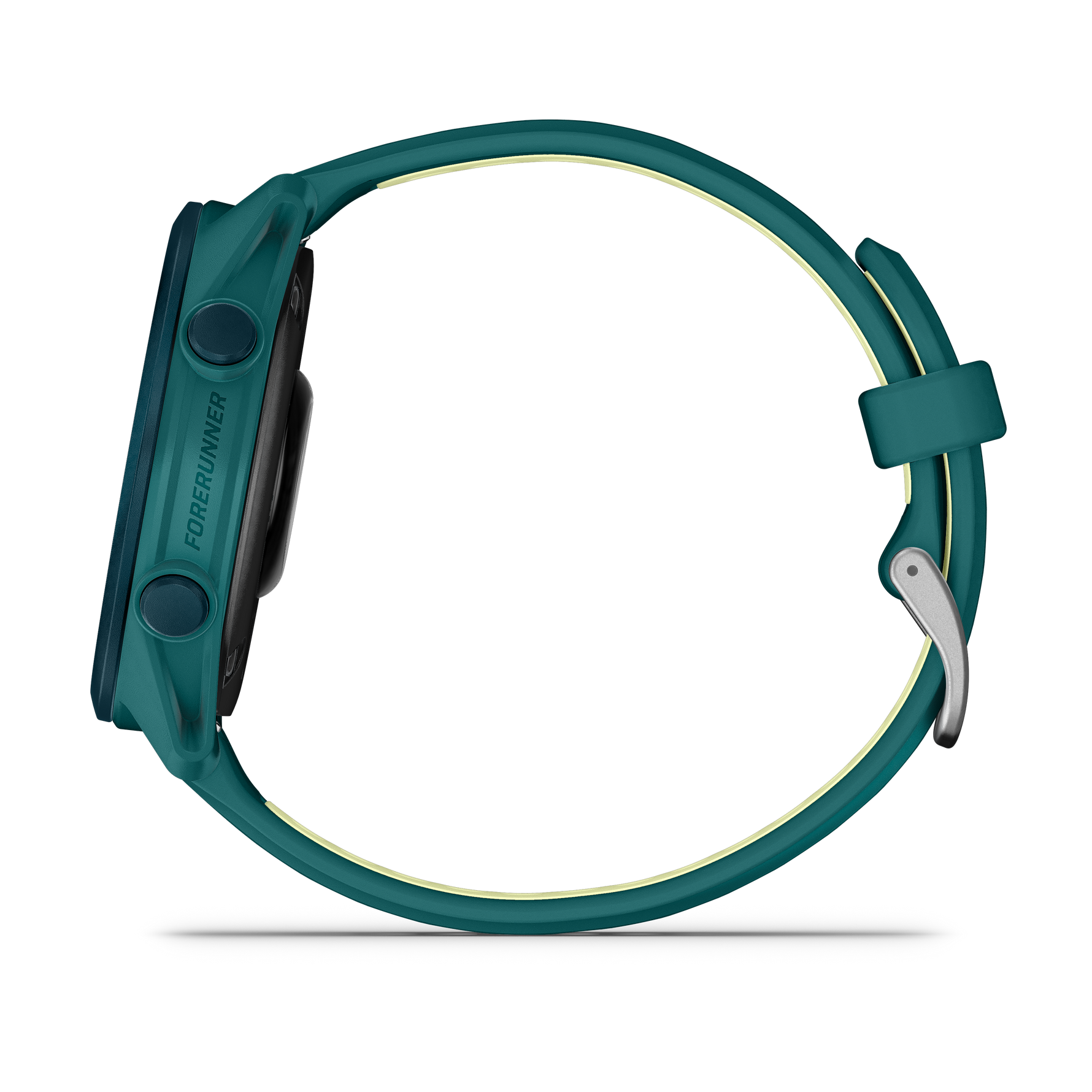 Garmin Forerunner 170 Music smartwatch in teal green with citron band, side view