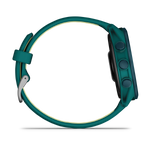 Garmin Forerunner 170 Music smartwatch side view in teal green with citron band