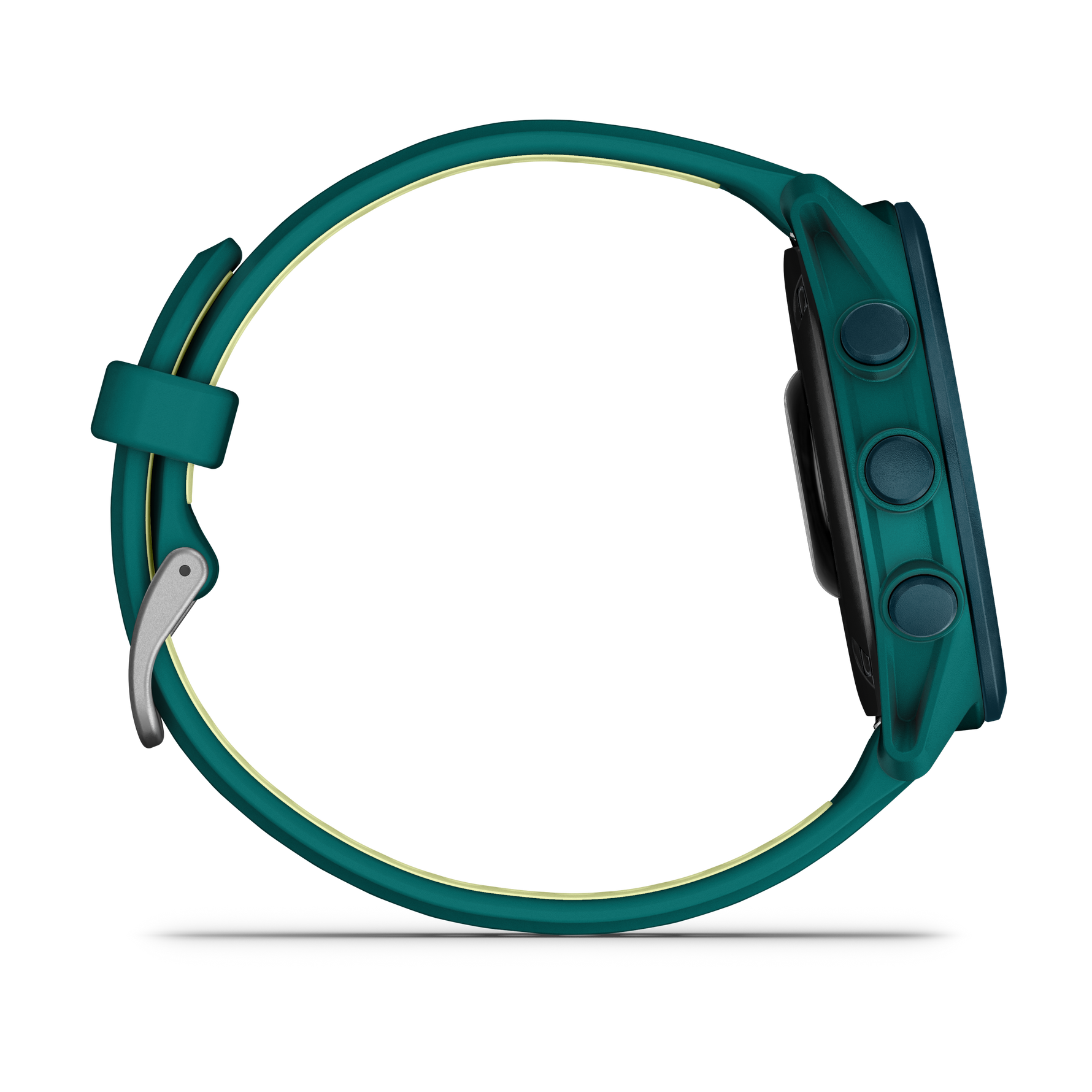 Garmin Forerunner 170 Music smartwatch side view in teal green with citron band
