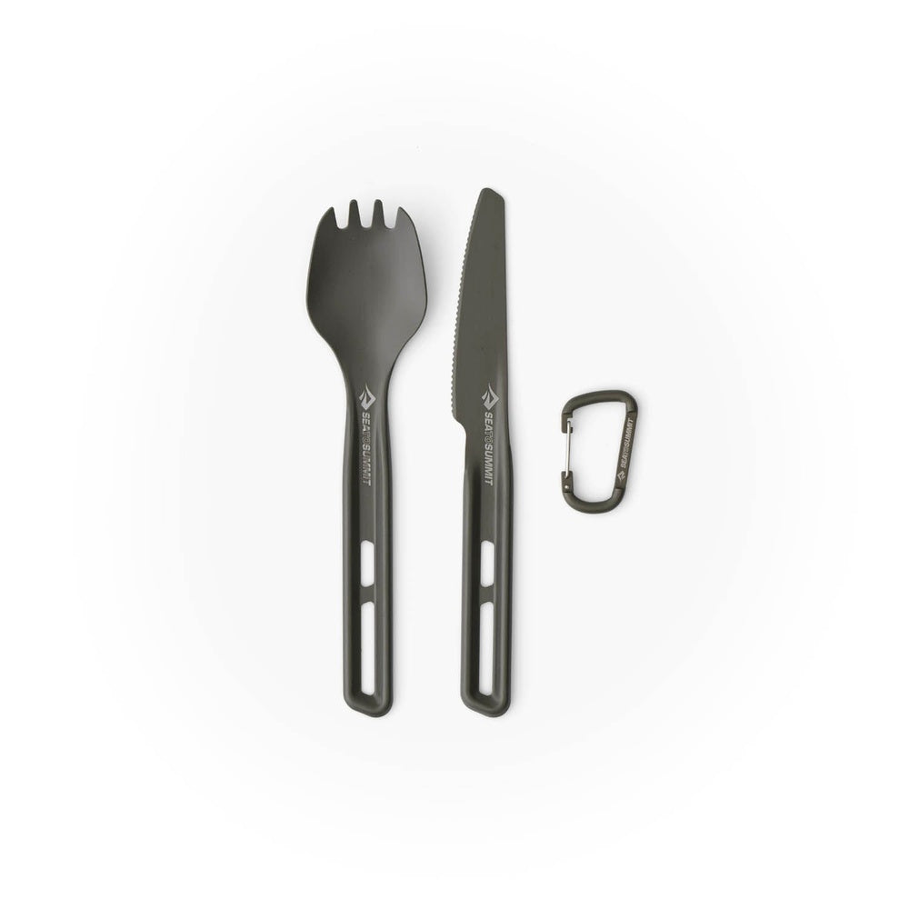 Sea to Summit dark green ultralight spork, knife and carabiner on white background