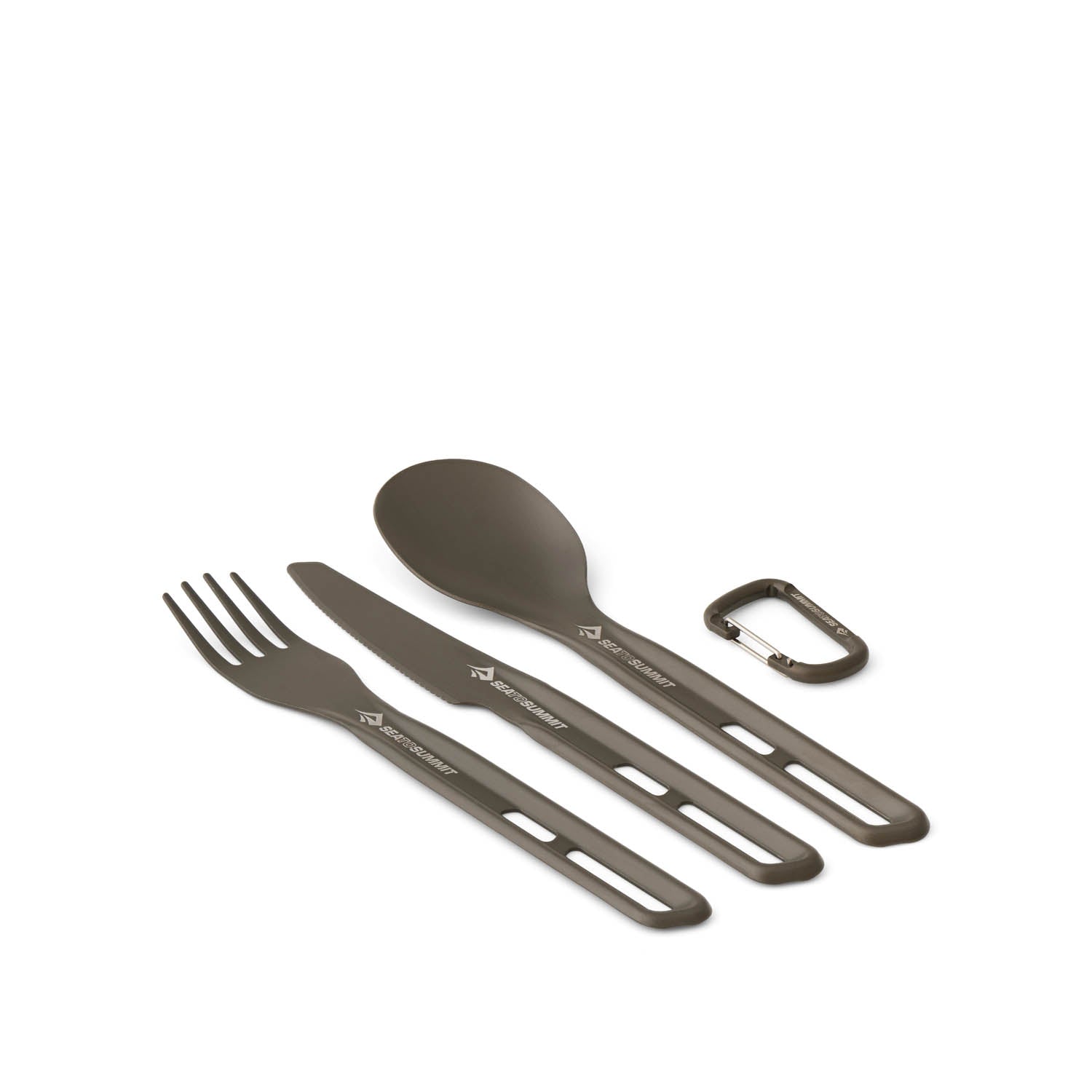 Sea To Summit olive green ultralight cutlery set with fork, knife, spoon and carabiner