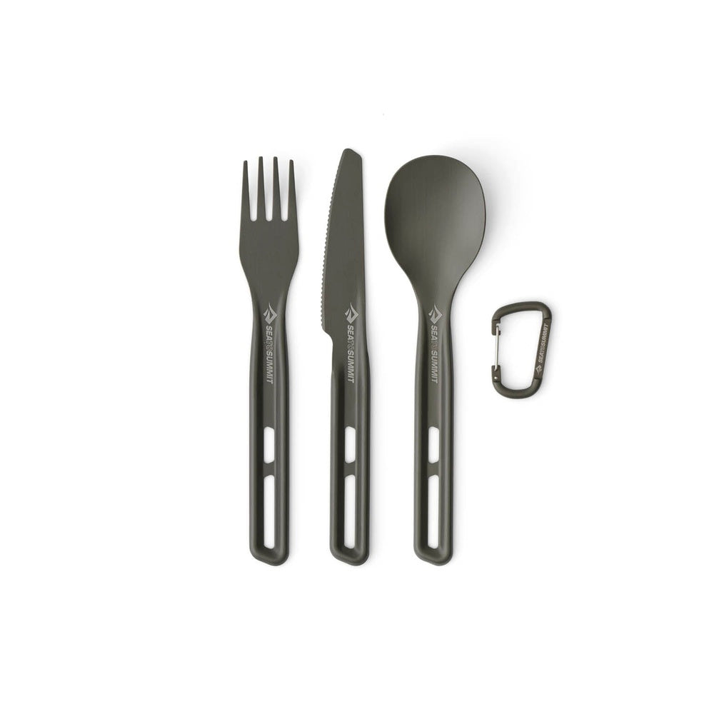 Sea to Summit olive green ultralight camping cutlery set with fork, knife, spoon and carabiner