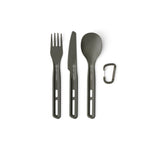 Sea to Summit olive green ultralight camping cutlery set with fork, knife, spoon and carabiner