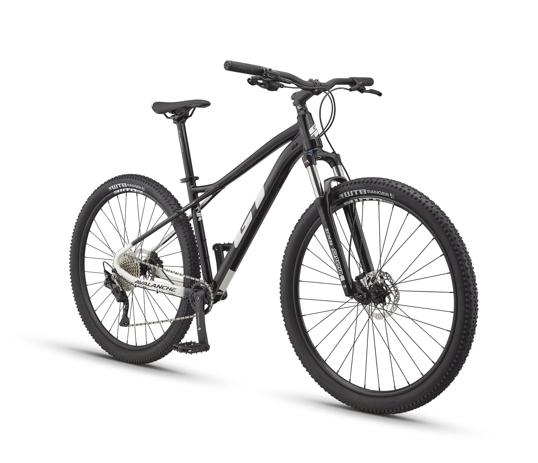 GT Avalanche Comp black mountain bike with 29-inch wheels on white background
