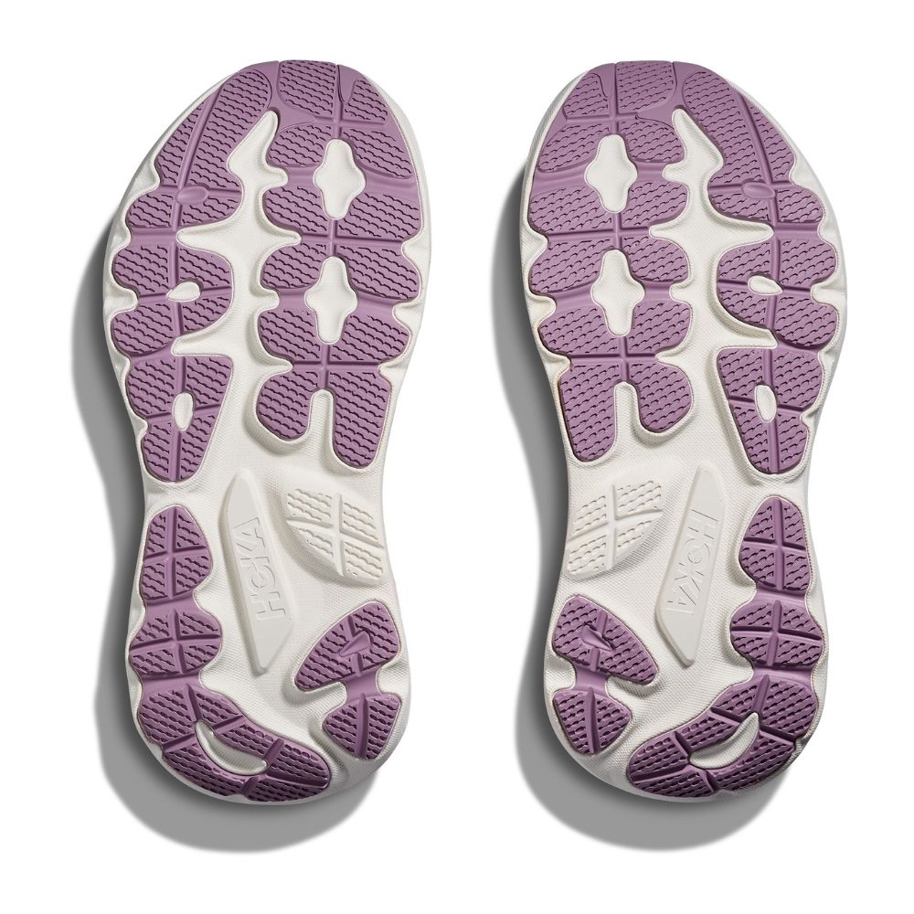Bottom view of Hoka Gaviota 6 women's running shoe soles in lilac cream colorway