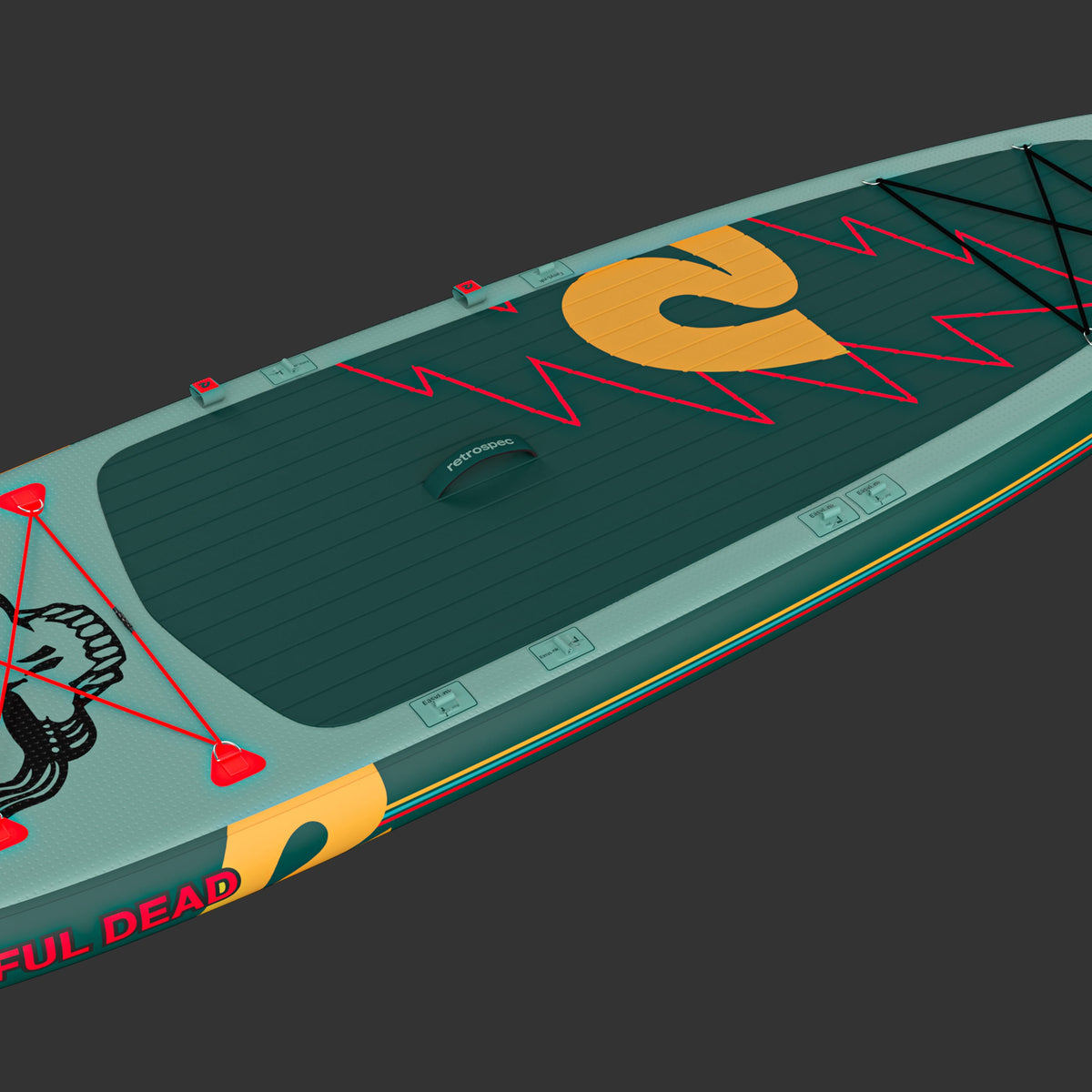 Retrospec Weekender Plus inflatable SUP kayak hybrid in Grateful Dead teal colorway, angled top view