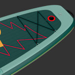 Retrospec Weekender Plus inflatable SUP kayak hybrid nose detail showing bungee cargo system and inflation valve