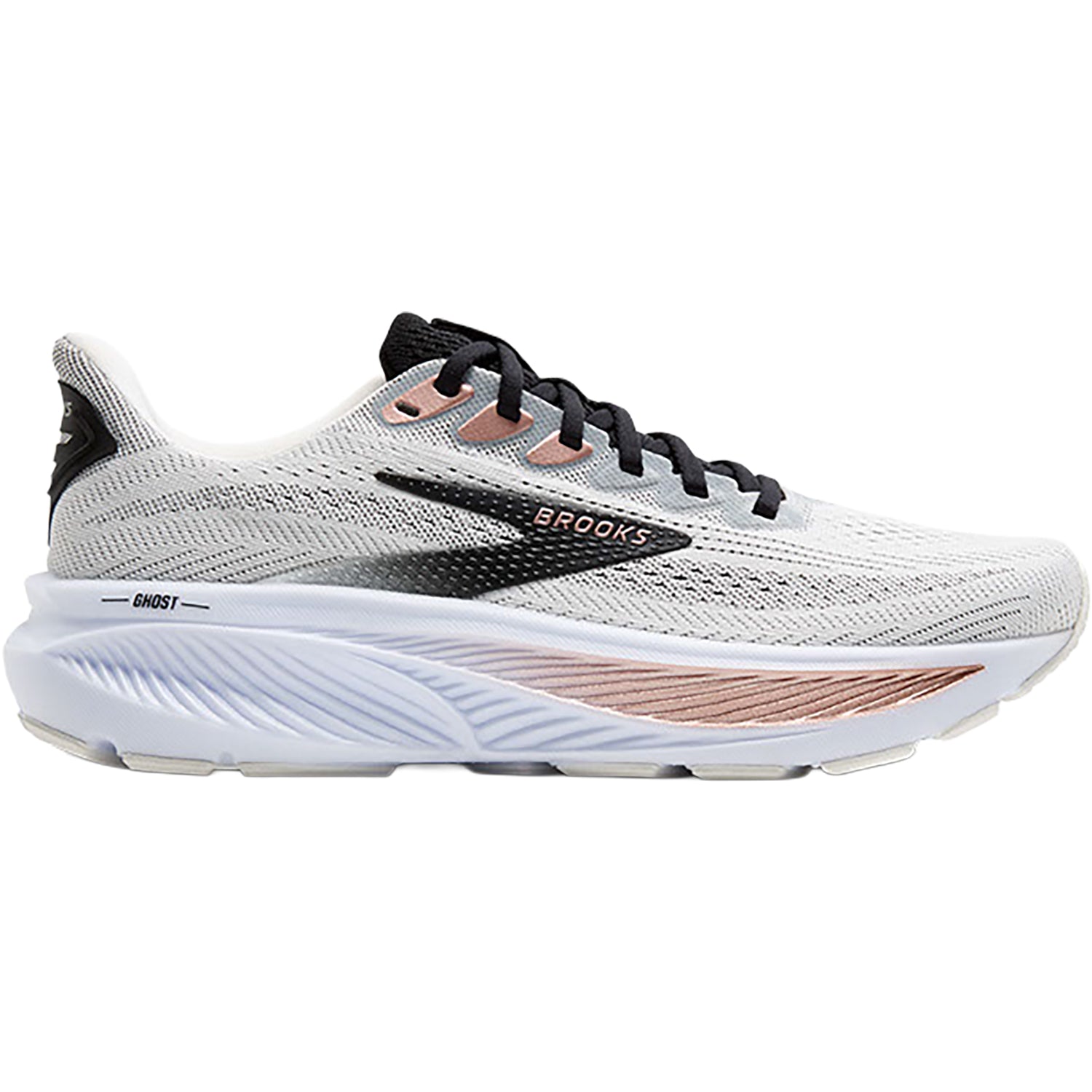 Brooks Ghost 17 women's running shoe in white with black and rose gold accents