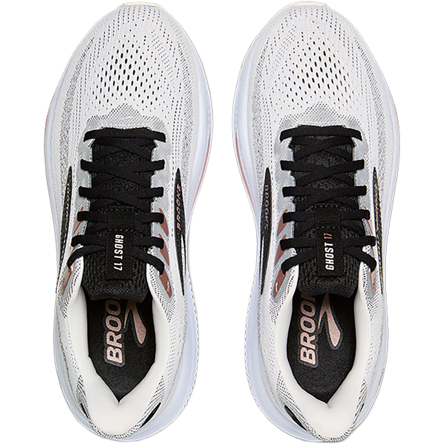 Brooks Ghost 17 women's running shoes in white with black laces and rose gold accents