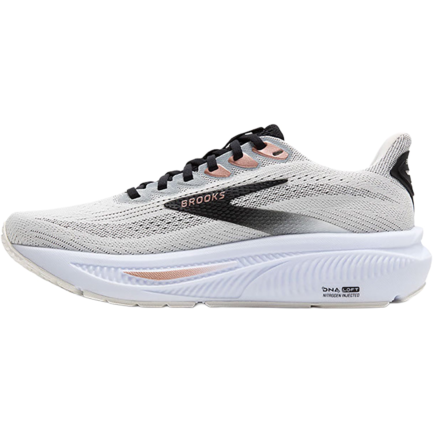 Brooks Ghost 17 women's running shoe in white with black and rose gold details