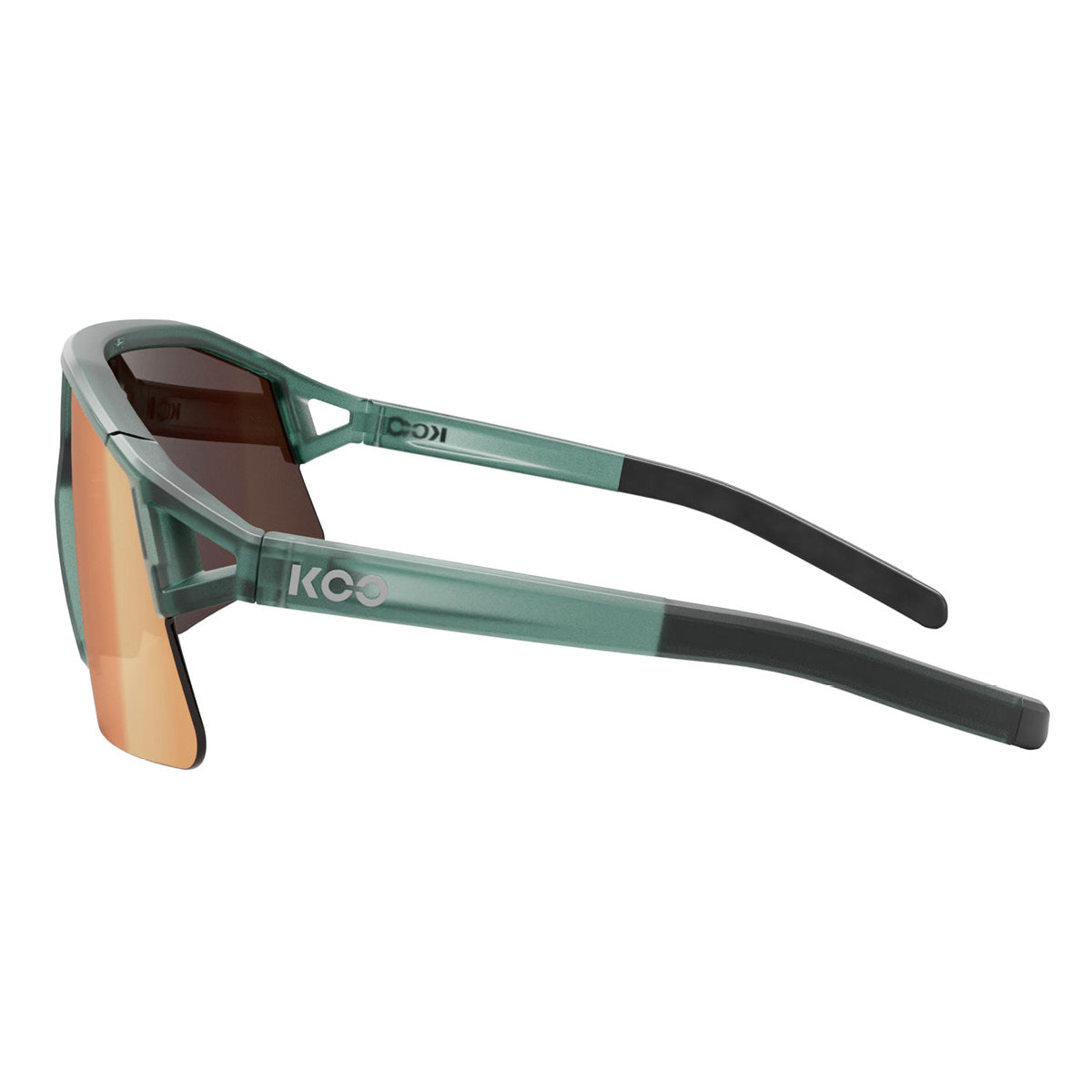 KOO cycling sunglasses with green translucent frame and copper mirror lenses