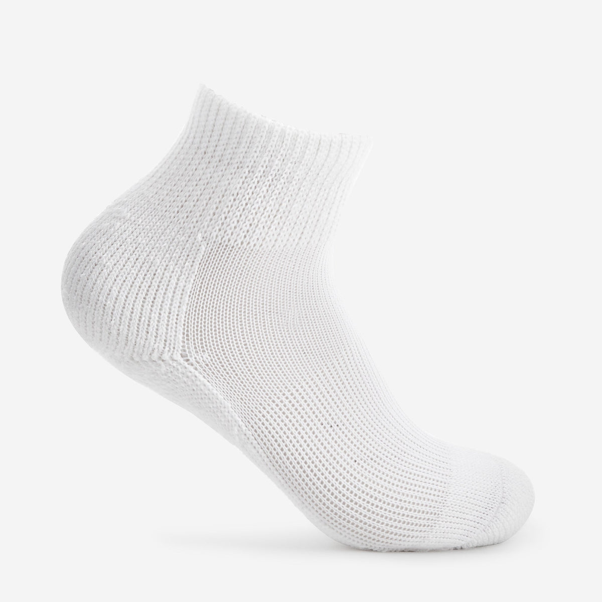 Thorlos white ankle golf sock with mesh ventilation and ribbed cuff on clean background