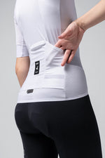 GOBIK Carrera 2.0 Unisex Jersey in Chalk showing rear pocket detail and fit