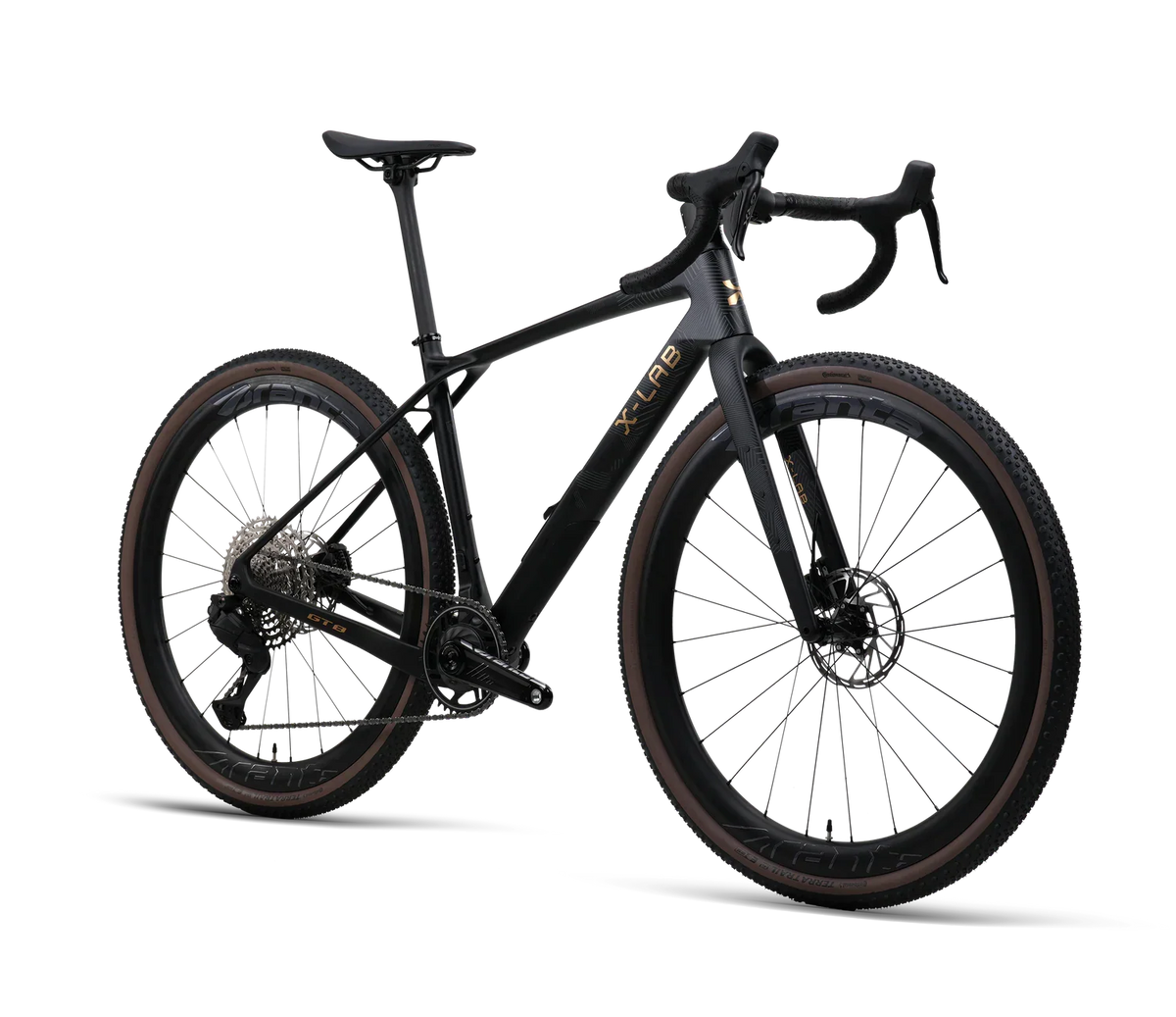 X-LAB GT8 gravel e-bike in matte black with gold accents, side view