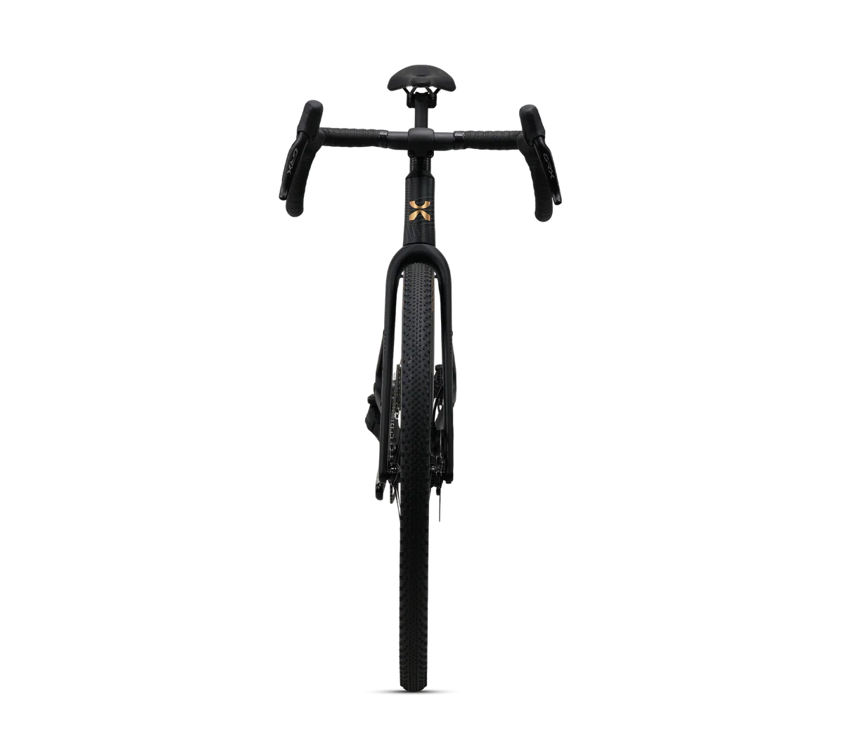 X-LAB GT8 gravel e-bike in black, front-facing view showing fork and handlebar