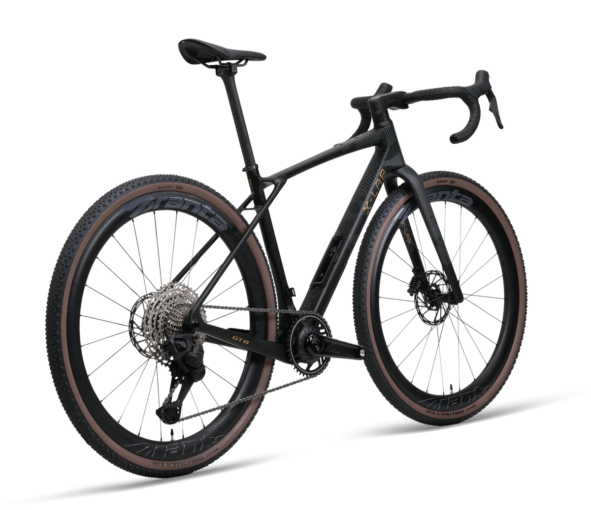 X-LAB GT8 gravel e-bike in matte black, rear three-quarter view showing drivetrain