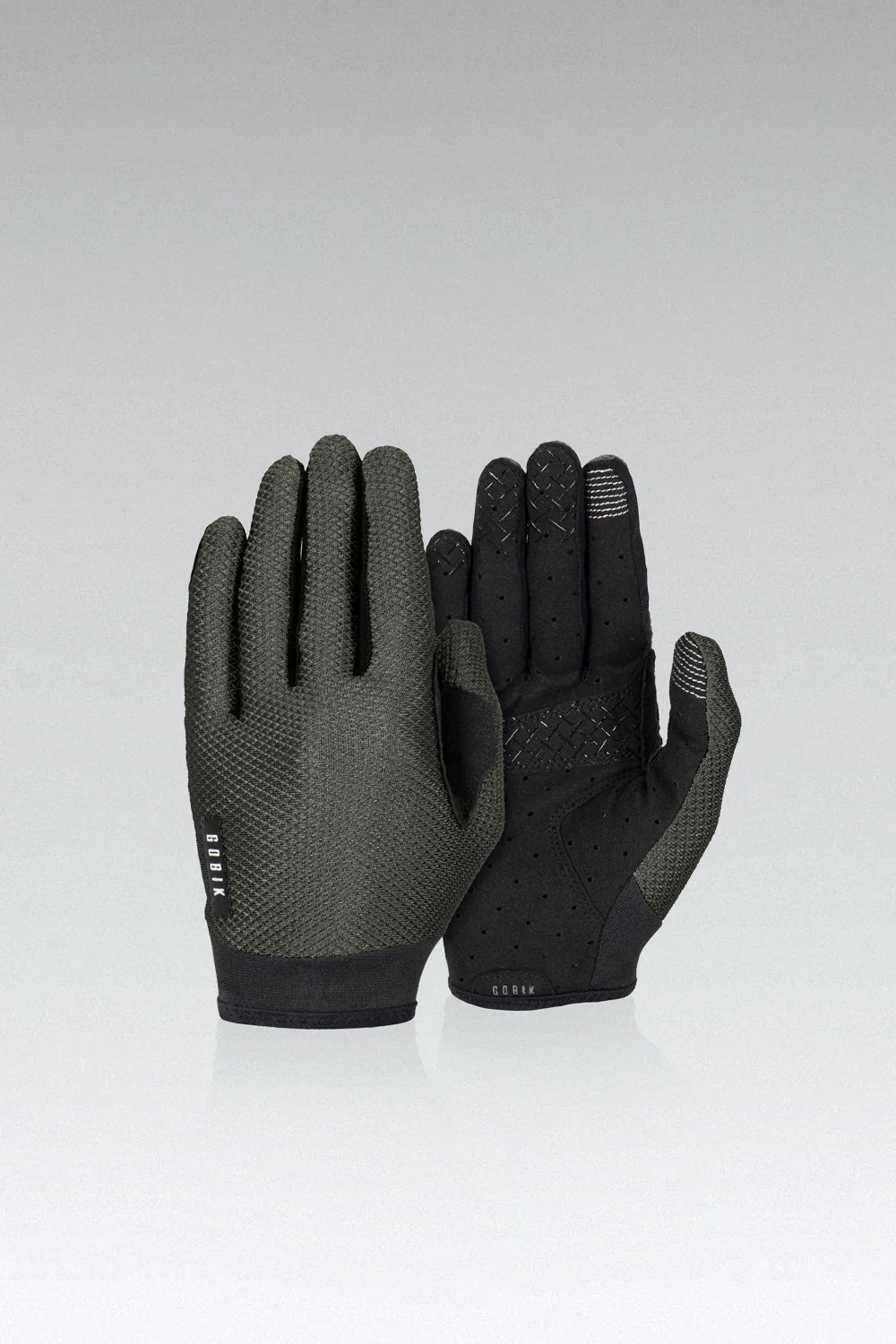 Gobik Lynx cycling gloves in army green showing palm and back grip patterns