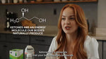 Ketone-IQ brand video still showing woman explaining ketones as natural energy molecules with chemical structure
