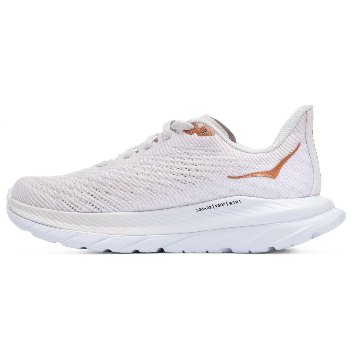 HOKA Mach 5 men's running shoe in white with orange swoosh and branding details