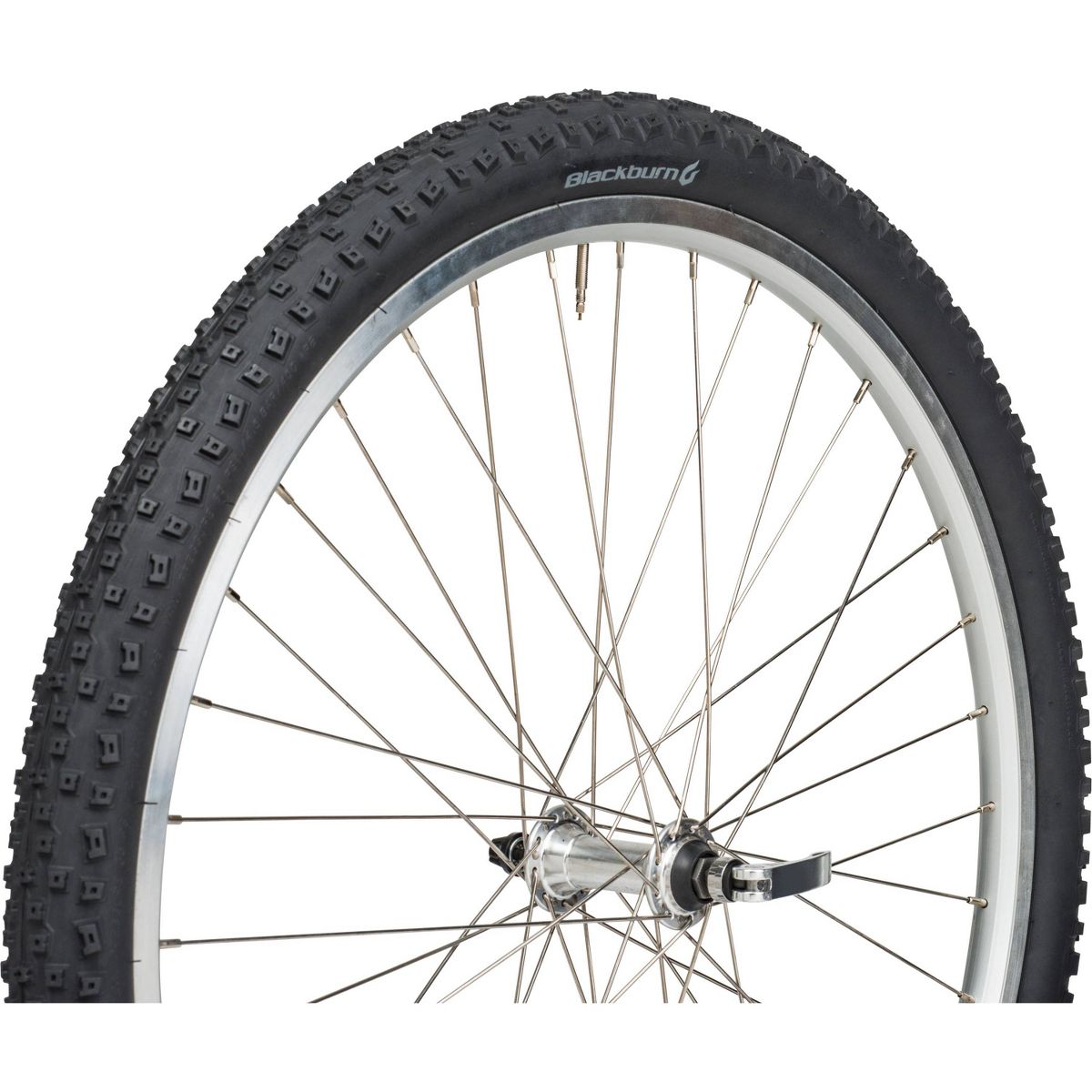 Blackburn 24x2.0 MTB black mountain bike tire with knobby tread on silver wheel