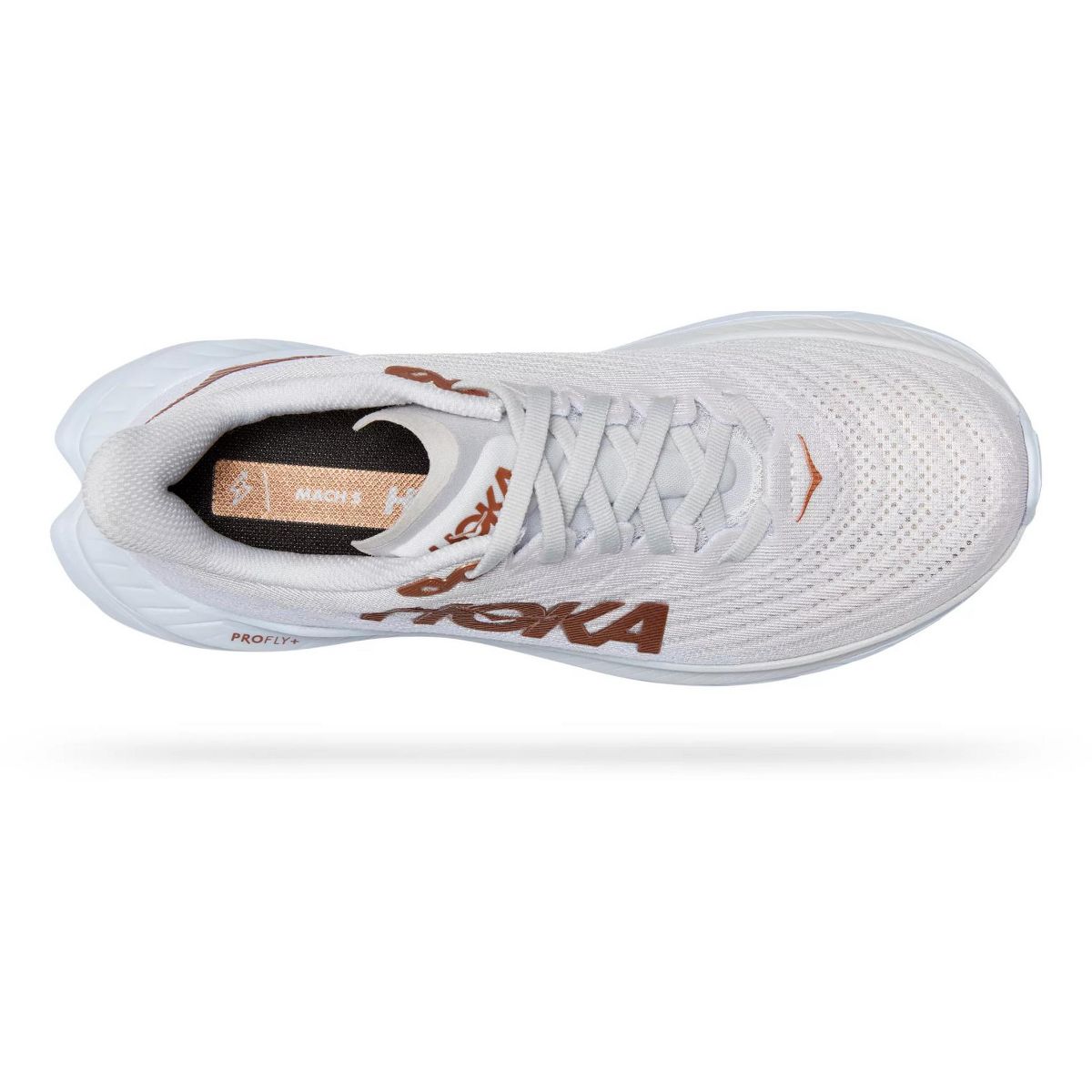 Top-down view of white Hoka Mach 5 running shoe with copper accents