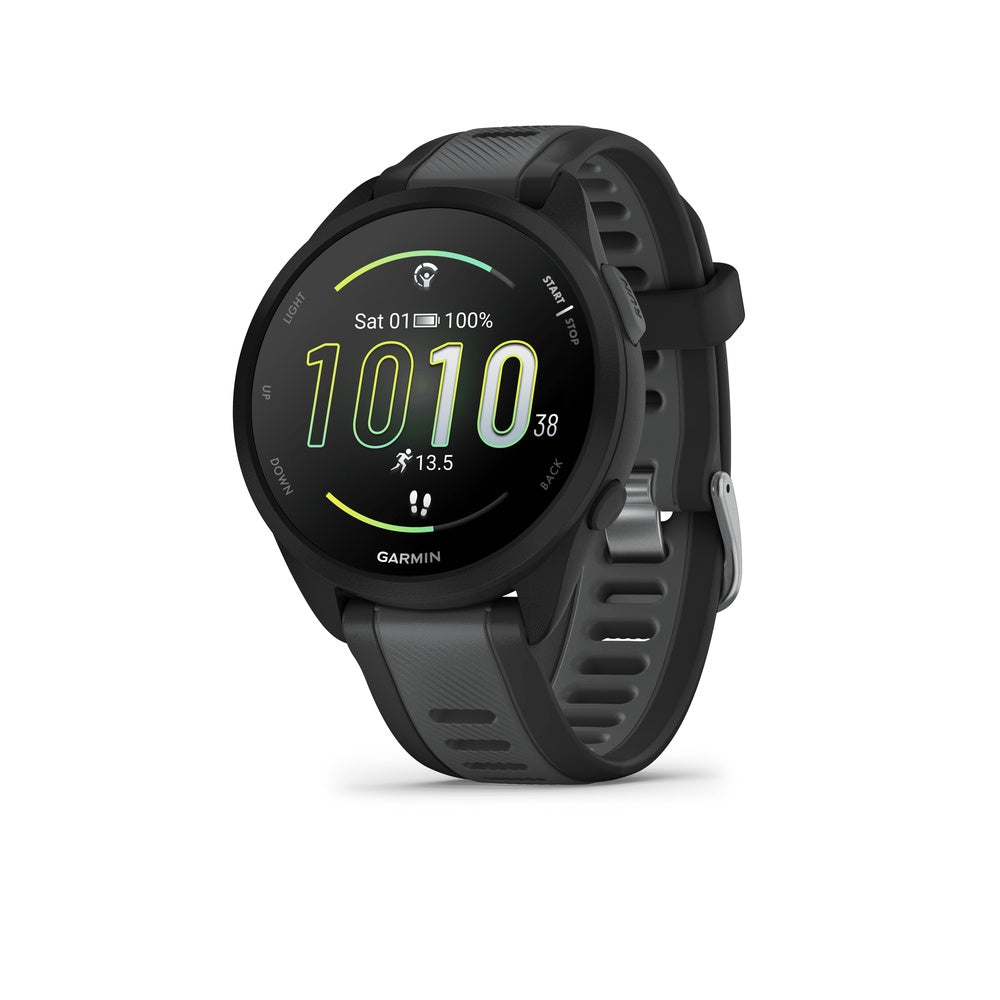 Garmin Forerunner 165 Music smartwatch in black and slate gray with digital display