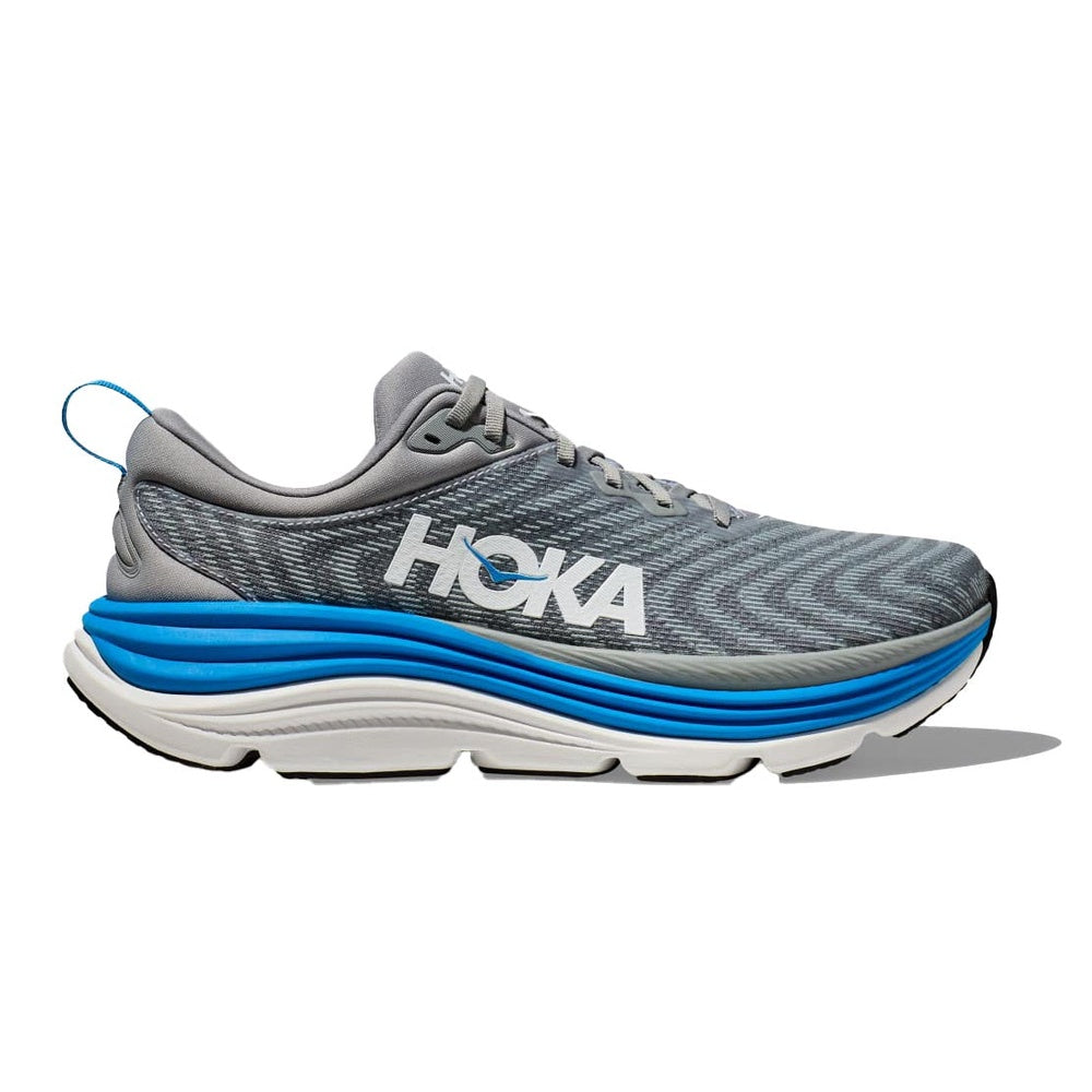 HOKA Gaviota 5 men's running shoe in limestone gray with blue midsole accents