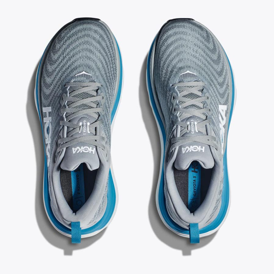 Hoka Gaviota 5 men's running shoes in limestone gray with diva blue accents