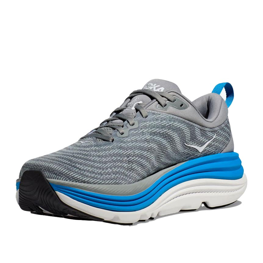 Hoka Gaviota 5 men's running shoe in limestone grey with diva blue midsole