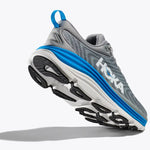 Hoka Gaviota 5 running shoe in limestone gray with blue midsole accents