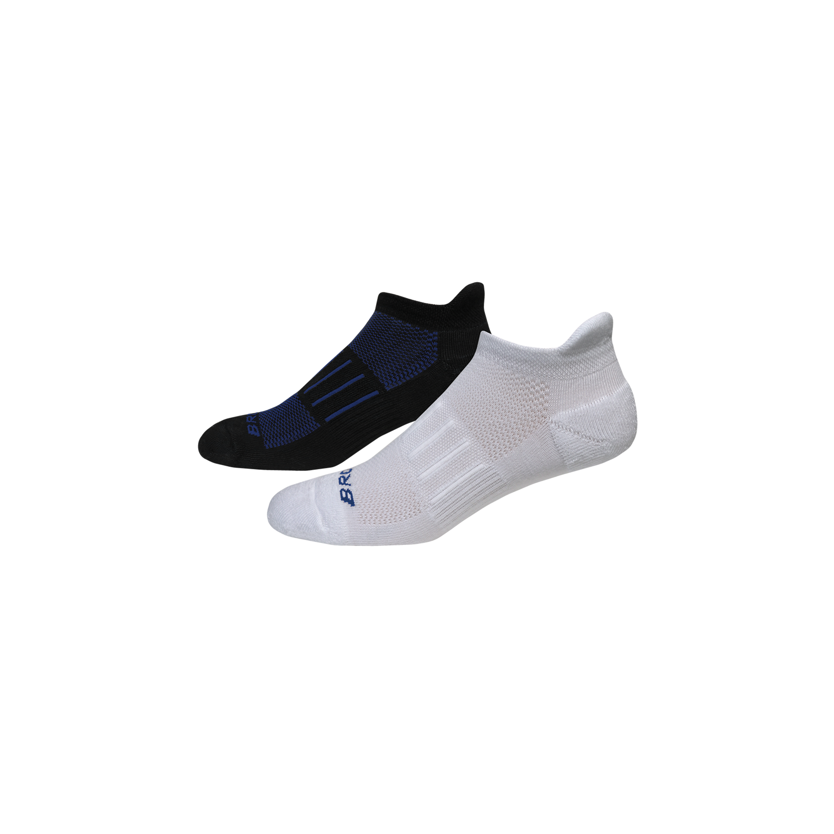 Brooks Ghost Midweight running socks in white/blue and black/blue, two pairs shown
