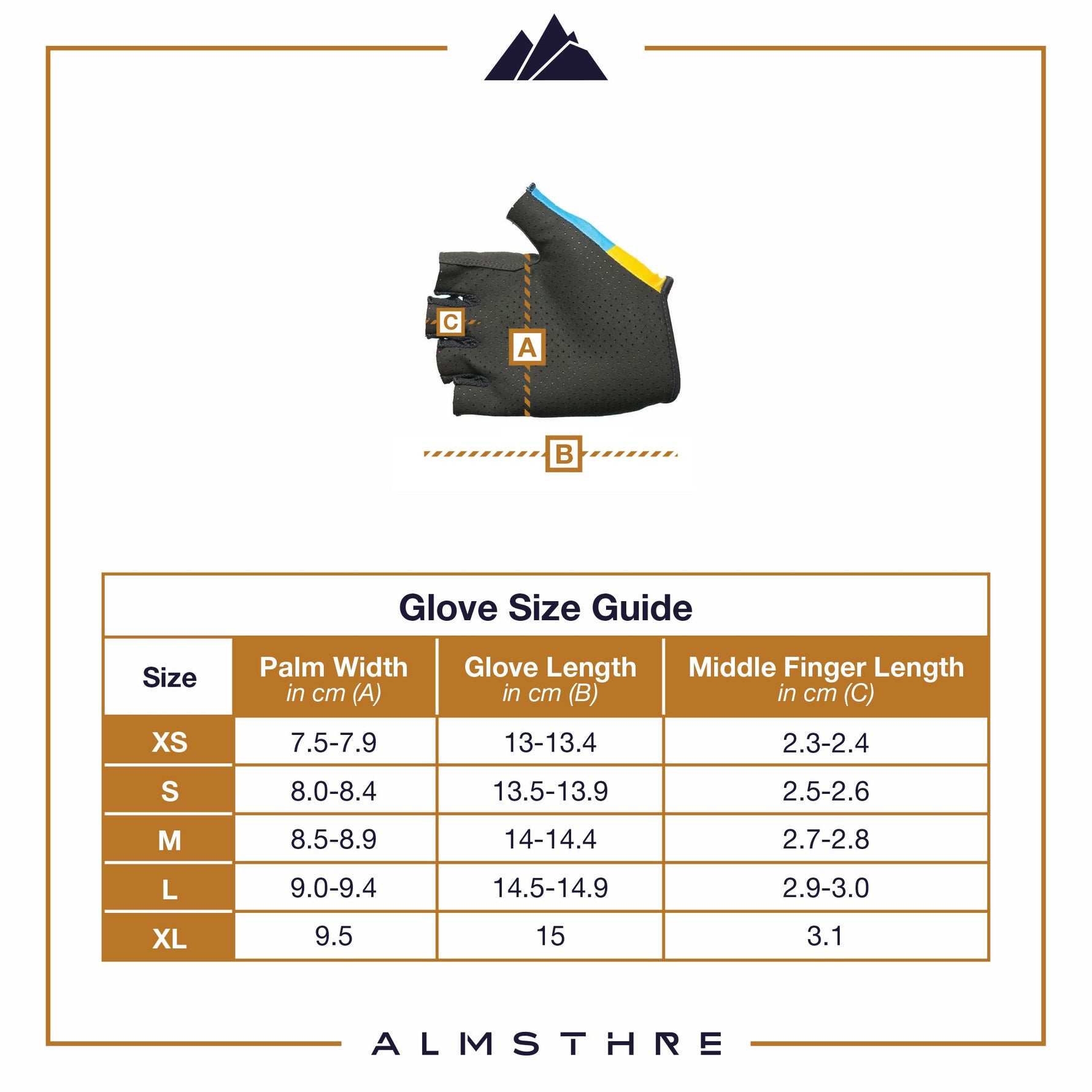 Almsthre padded short finger cycling gloves in midnight black with size guide chart