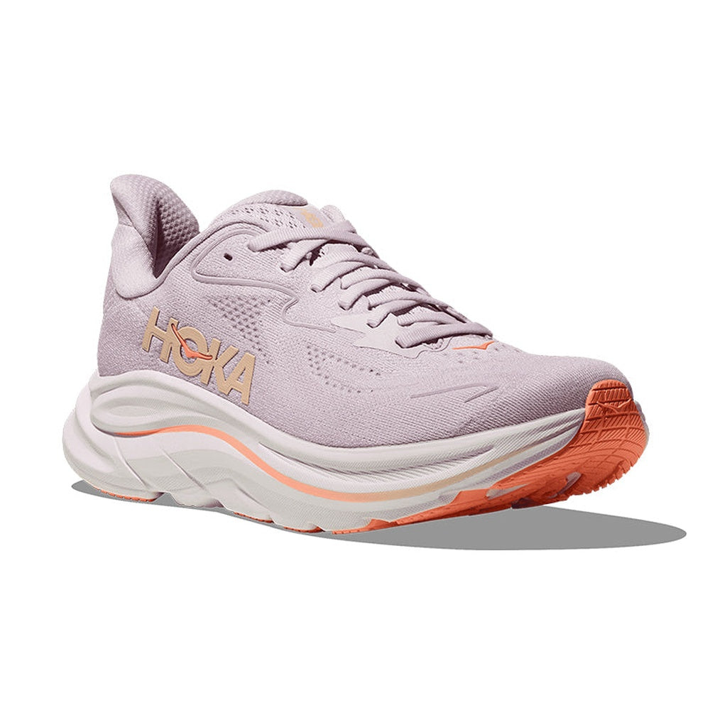 Hoka Clifton 10 women's running shoe in lilac cream with tangerine orange accents