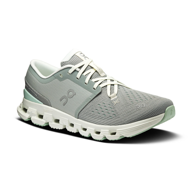 On Cloud X 4 women's running shoe in tin gray with mint green details