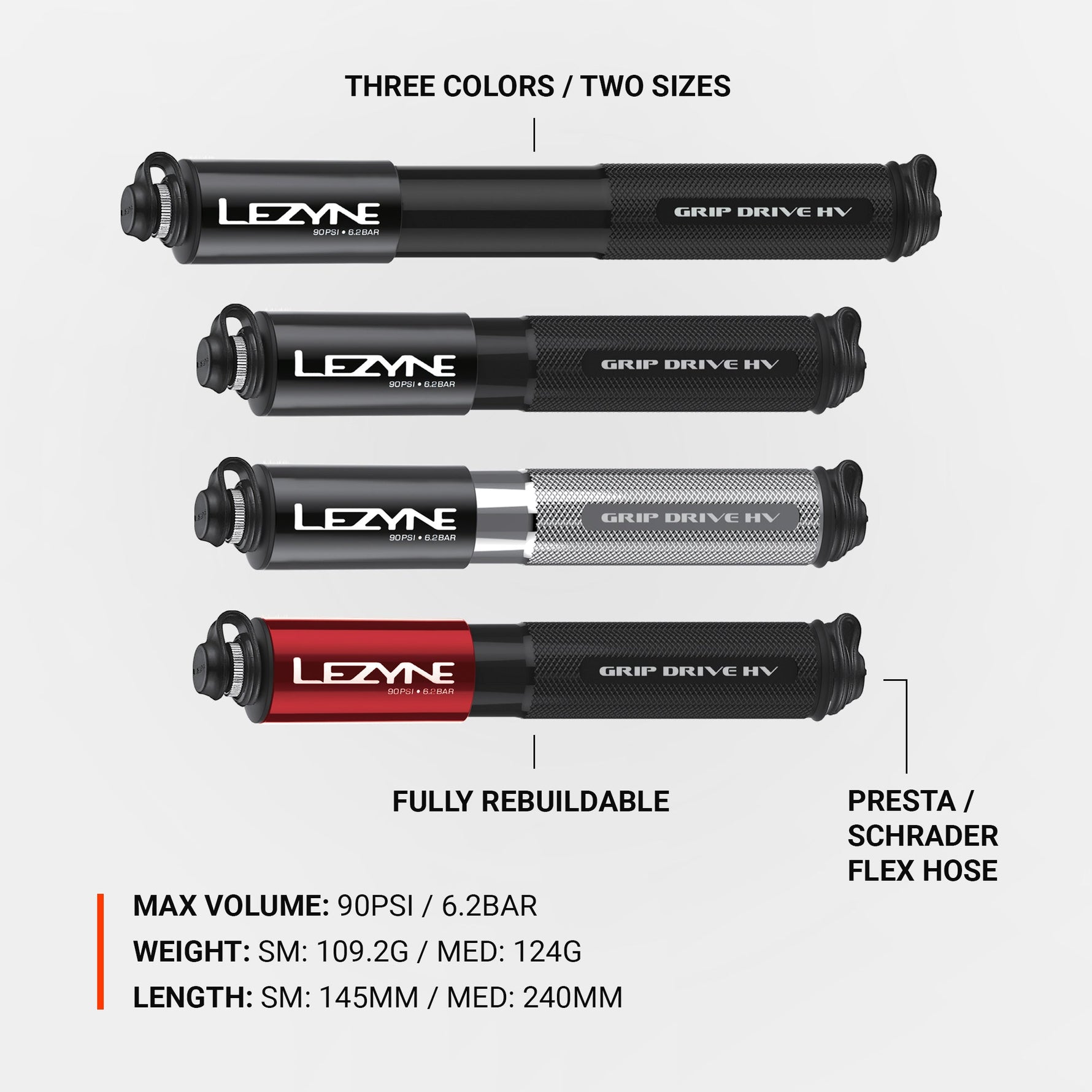Lezyne Grip Drive HV bike pumps in multiple colors with product specifications