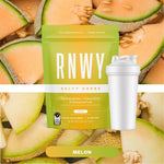 RNWY Salty Carbs melon flavor endurance fuel supplement with shaker bottle on melon background