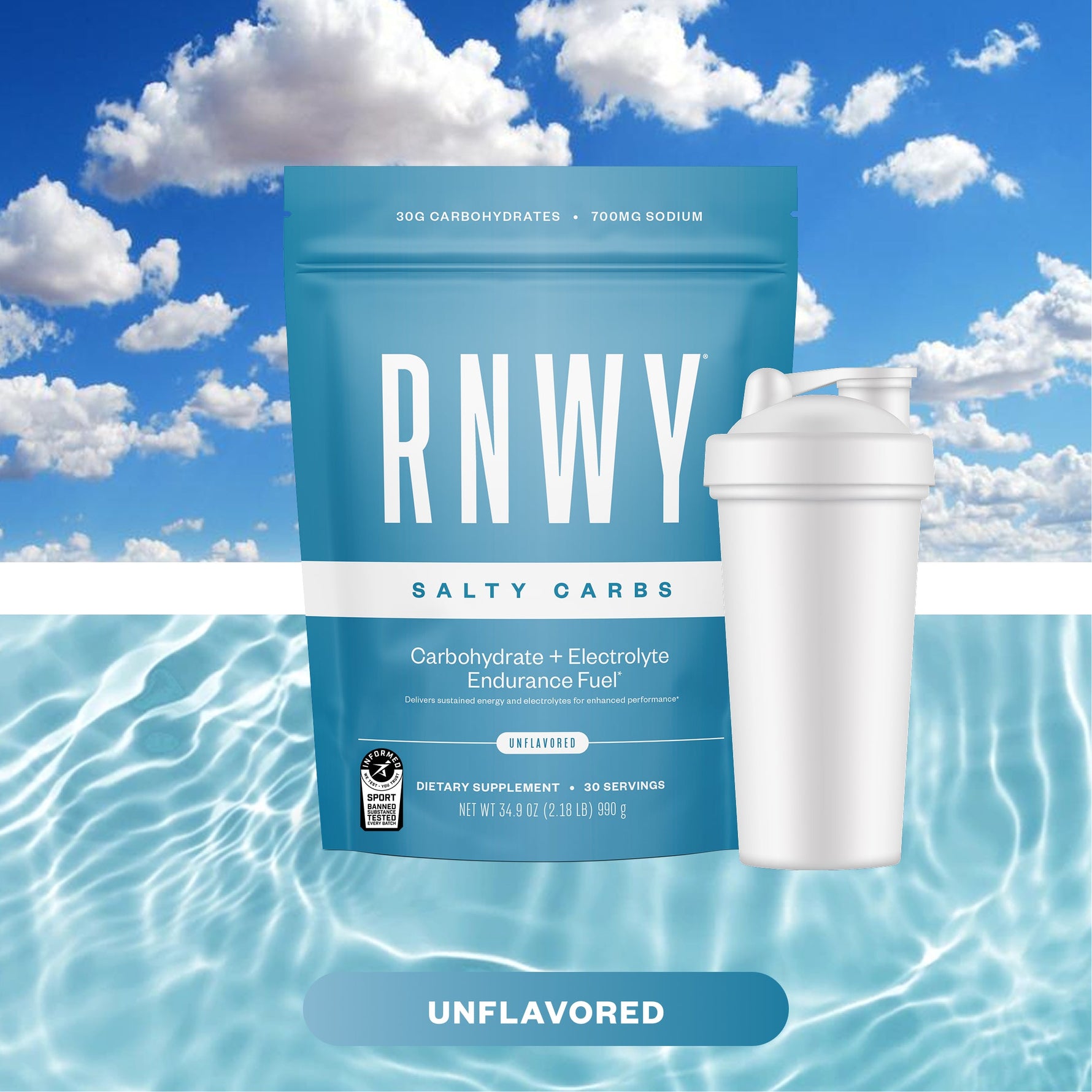 RNWY Salty Carbs unflavored carbohydrate supplement package with white shaker bottle against blue sky