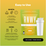 RNWY Salty Carbs endurance fuel supplement in green packaging with white shaker bottle