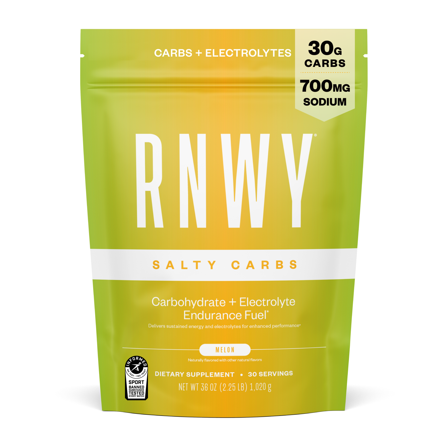 RNWY Salty Carbs endurance fuel supplement pouch in green-yellow gradient, melon flavor