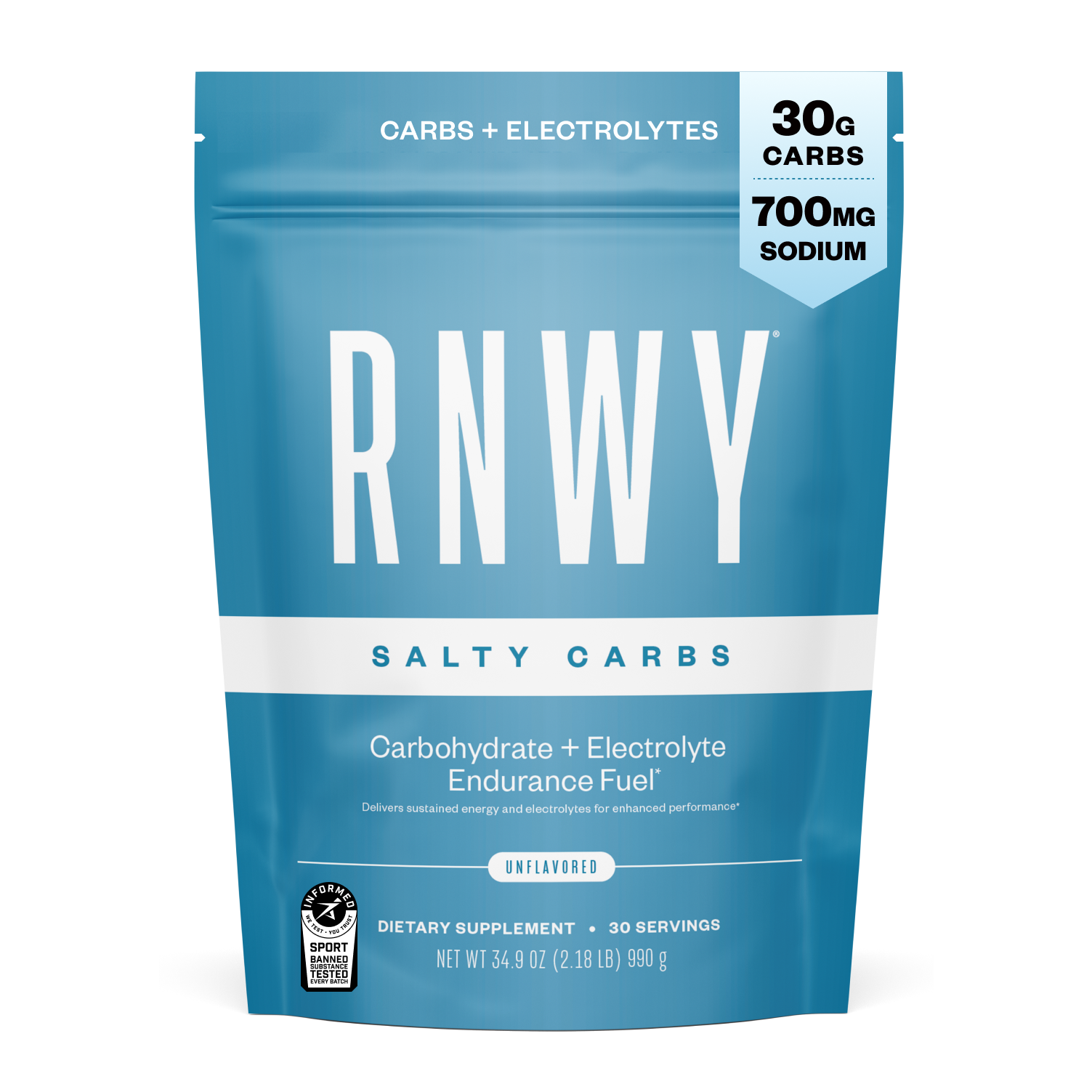 RNWY Salty Carbs blue unflavored carbohydrate electrolyte endurance fuel supplement pouch
