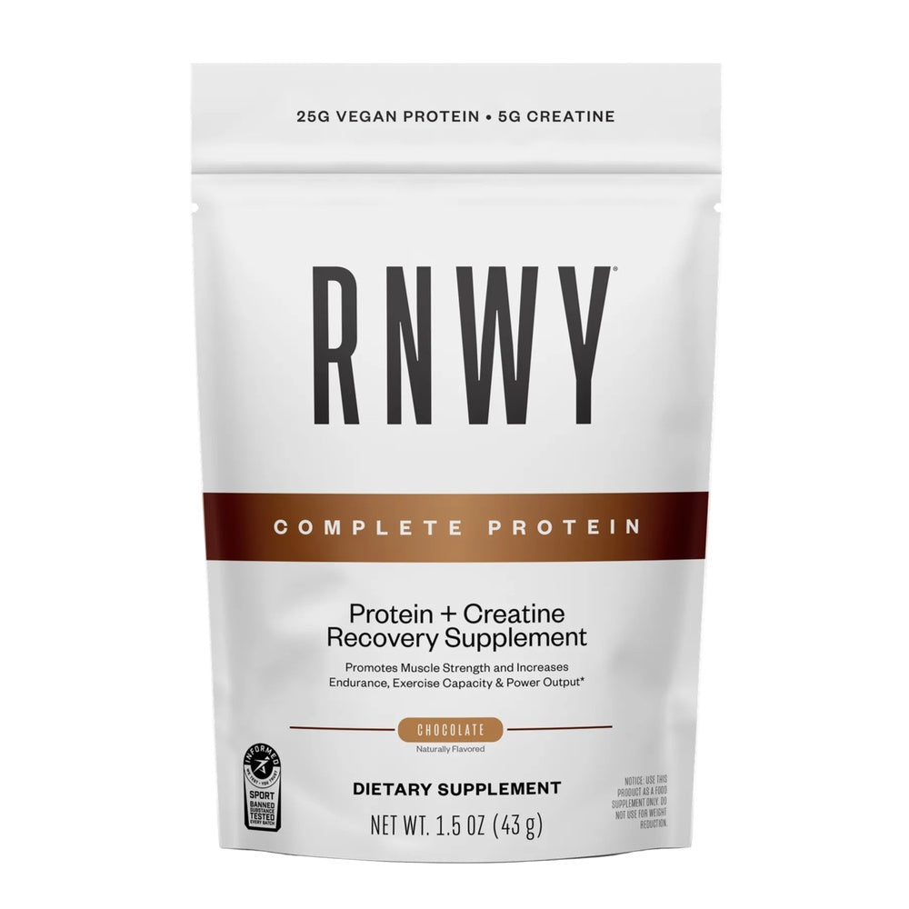 RNWY Complete Protein chocolate flavor supplement pouch with white and brown packaging
