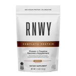 RNWY Complete Protein chocolate flavor supplement pouch with white and brown packaging