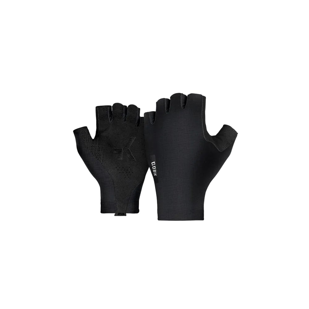 Black Gobik cycling gloves shown front and back on clean studio background
